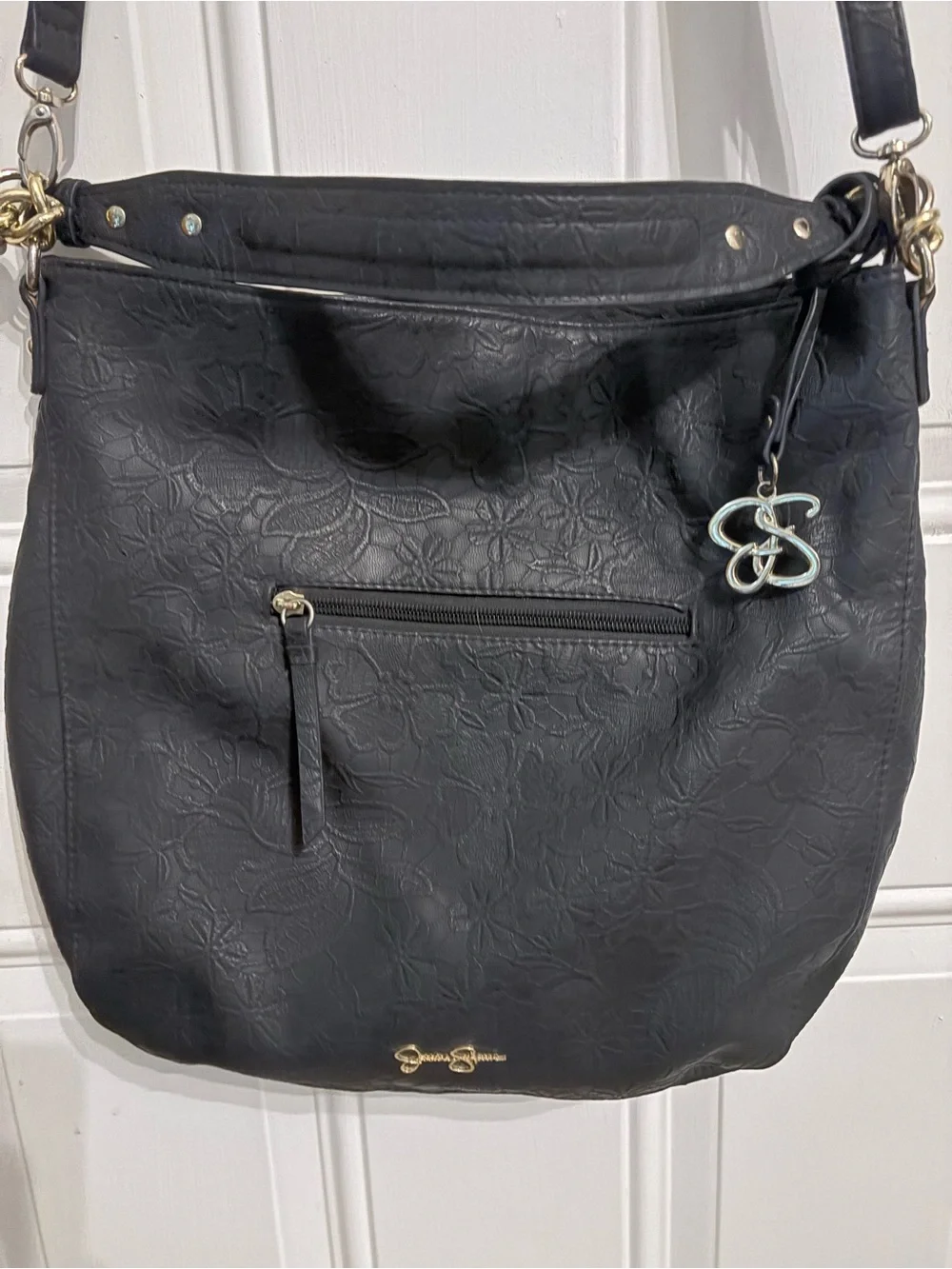 Jessica Simpson Black Floral-Embossed Shoulder Bag with Gold Accents